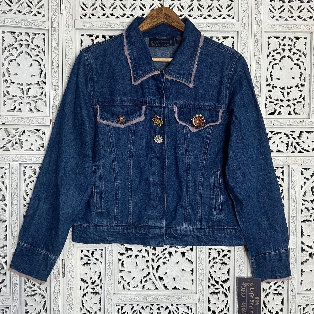 Vtg Y2K Lifestyle Girly Coquette Denim Jacket With Fringe Details Sz Medium